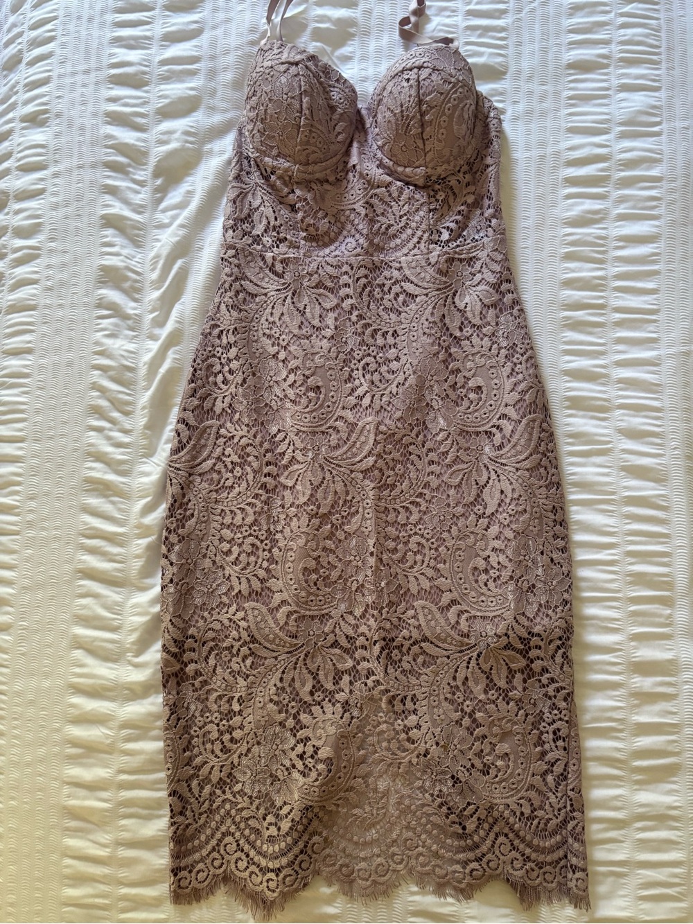 Lace Bodycon Midi Dress in Mauve Taupe